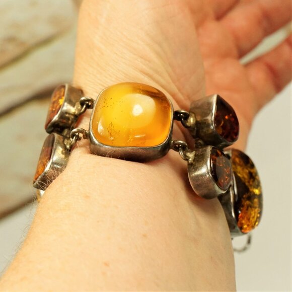 82g Rare Multi Amber and 925 Silver Heavy Link BRACELET - OOAK Gift For Her - Picture 2 of 16